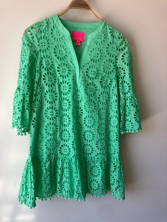 Lilly Pulitzer Tops - LILLY PULITZER BEKAH Resort Wear Patina Green Eyelet Dress with Pom Poms Size XS